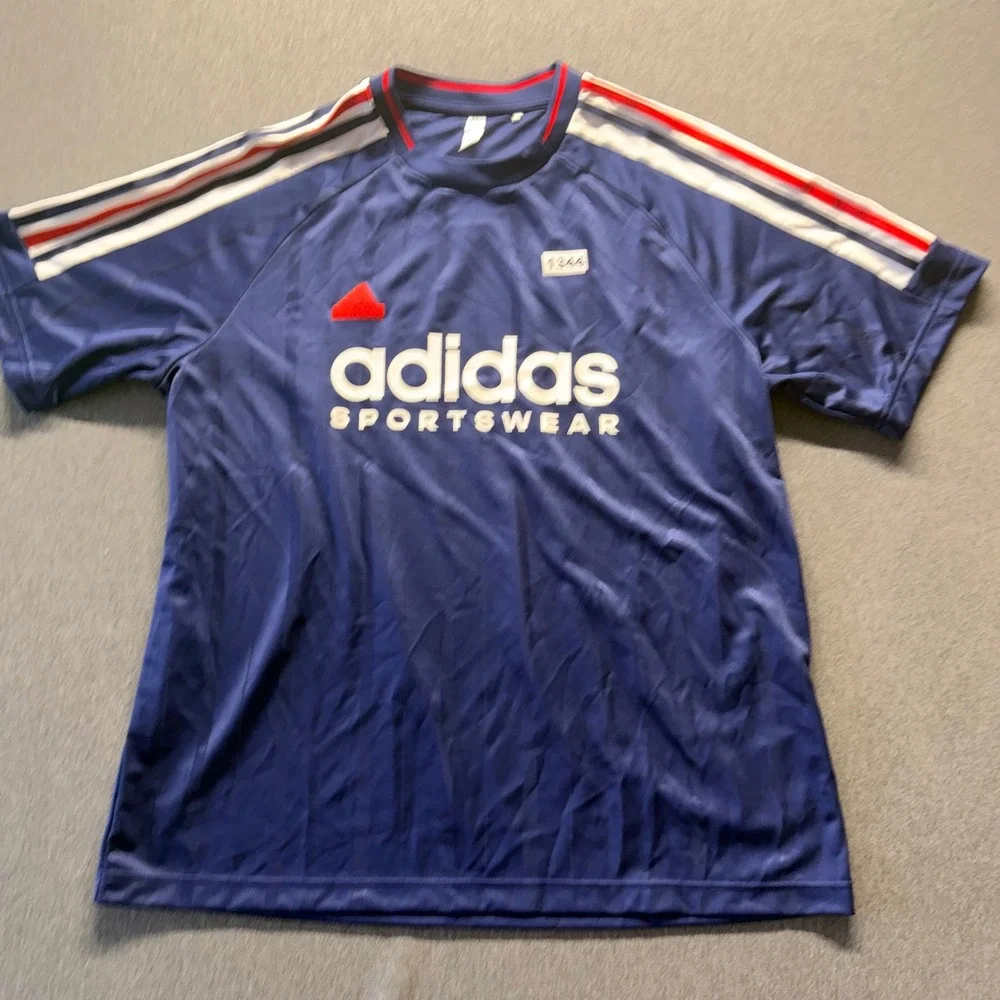 Adidas Sportswear Jersey Shirt Mens Large Navy Blue Red White Stripes Logo Tee